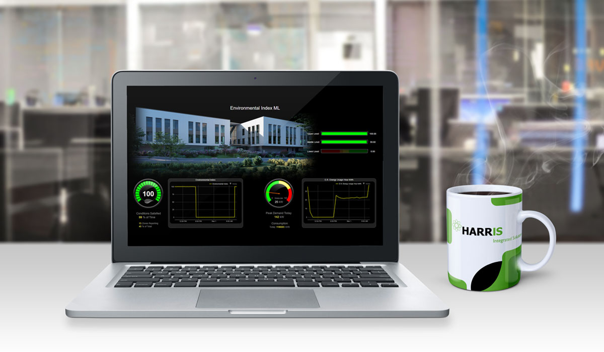 WebCTRL Software displayed on a laptop with a branded coffee mug next to it